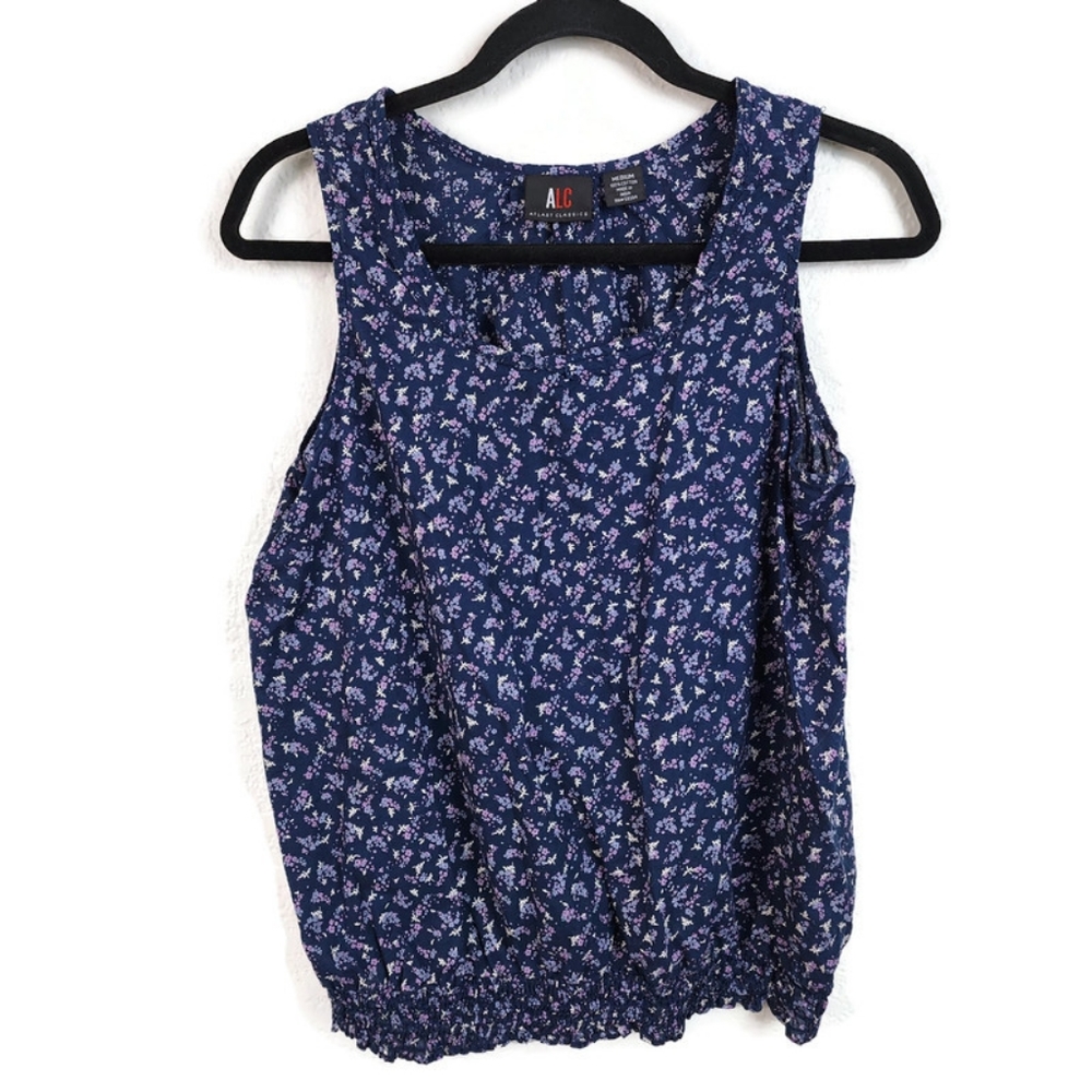 ALC At Last Classics M Navy Purple White Floral Gathered Tank Top